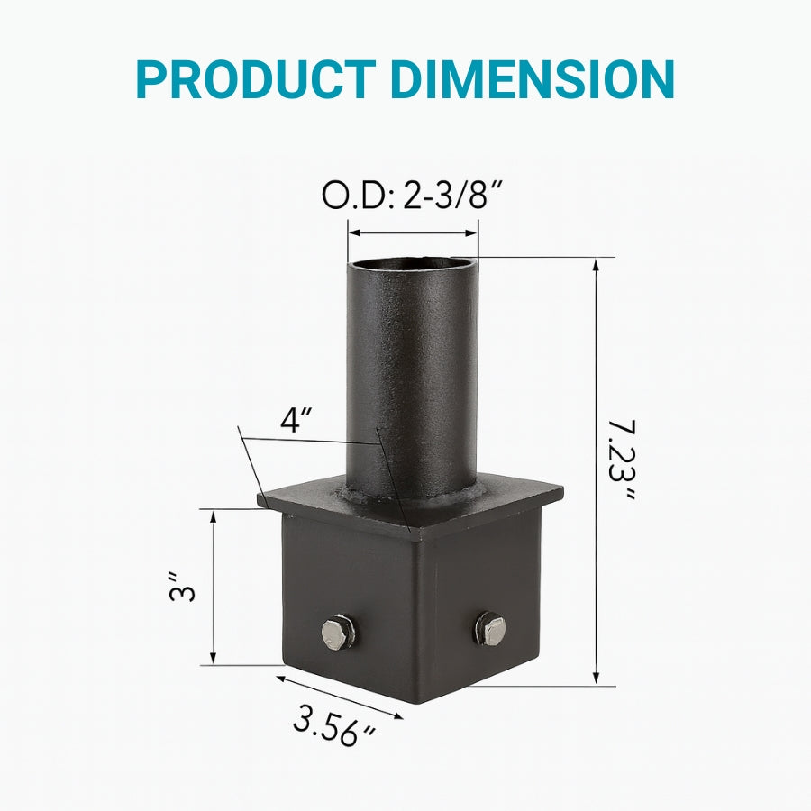 Product dimensions diagram of a cylindrical metal fitting with square base