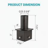 Product dimensions diagram of a cylindrical metal fitting with square base