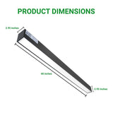 Dimensions of a rectangular light fixture with measurements labeled.