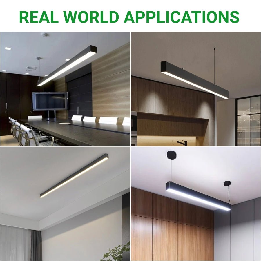 Collage of LED strip lights in various indoor settings with 'REAL WORLD APPLICATIONS' text at the top.