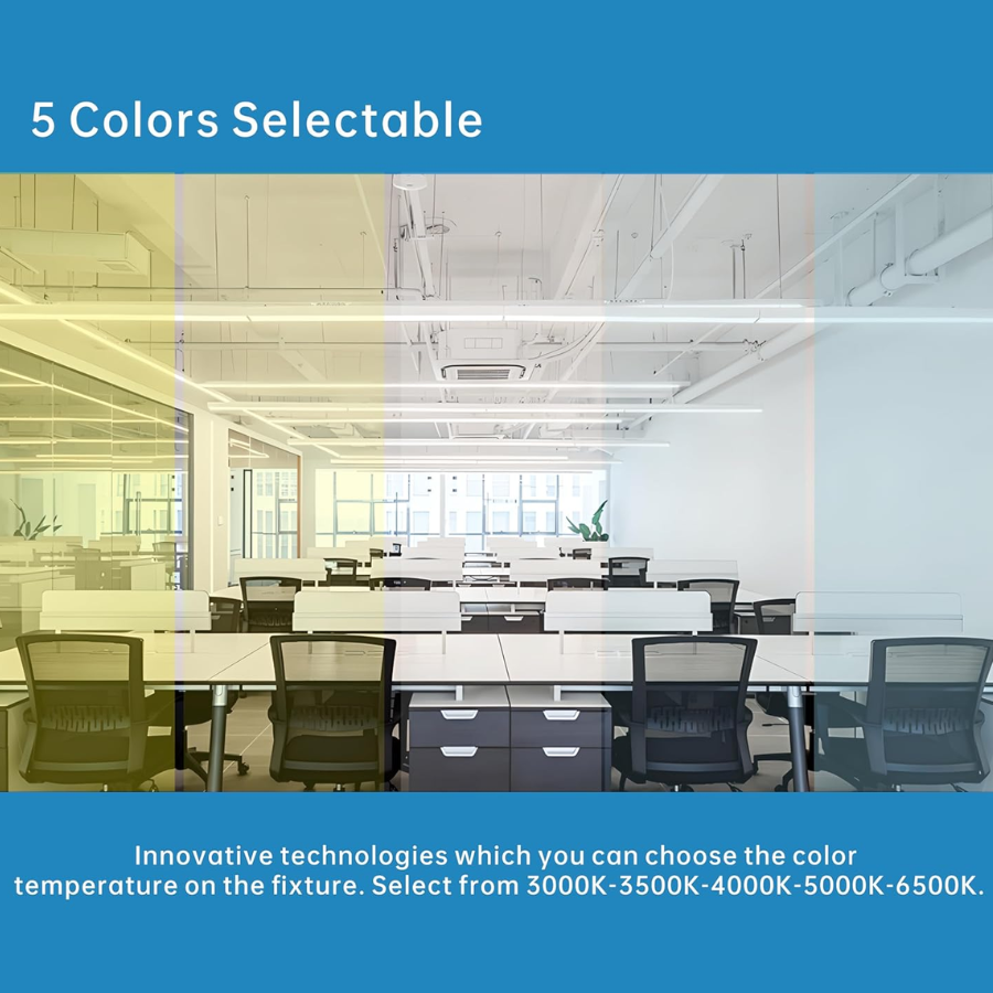 Modern office interior with tables and chairs, featuring a color temperature selection overlay. 4ft integrated t8 led tube light at switchtoled