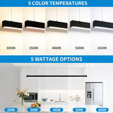 Lighting fixture color temperature and wattage options with a kitchen background.