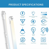 Product specifications for LED light bulbs with icons and text on a white background.