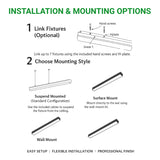 Diagram of installation and mounting options for a linear light fixture with text and illustrations.