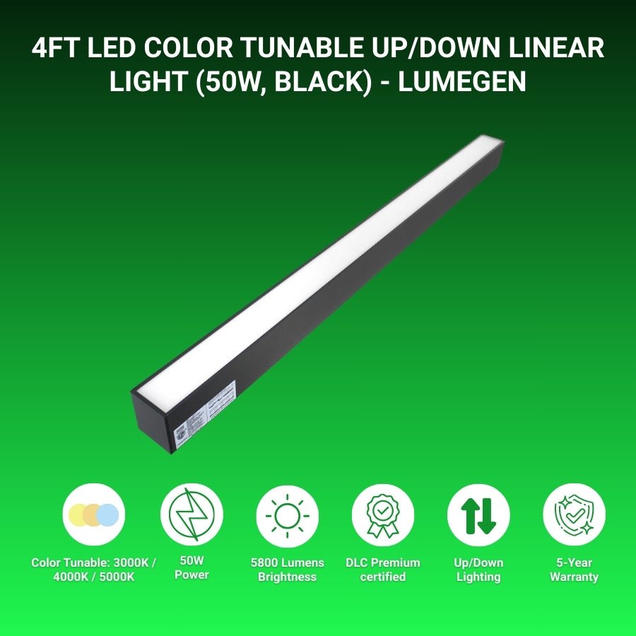 4FT LED color tunable up/down linear light on a green background with LumeGEN branding.