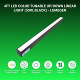 4FT LED color tunable up/down linear light on a green background with LumeGEN branding.