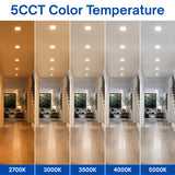 Square LED recessed ceiling light offering selectable color temperatures from 2700K to 5000K for customized illumination.