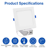 6-inch square LED recessed light with 5 selectable color temperatures, 1000 lumens output, and compact junction box.