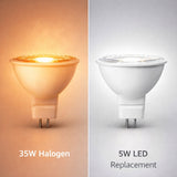 LED MR16 Bulb, 5W (35W Halogen Equivalent), 300 Lumens, 3000K Warm White, 40° Flood Beam, Dimmable, 12V Low Voltage, GU5.3 Base, UL Damp Rated, Accent & Task Lighting