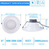 Recessed LED Lighting, 8 inch, Commercial Recessed Downlights, brightness 2400lms, Wattage Adjustable 12/20/30W, 0-10V Dimmable Ceiling Light Fixture, 5 CCT 2700K-5000K, 120-277V IC Rated UL & Energy Star