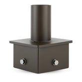 Metallic cylindrical 5 round pole tenon adapter on a square base with two knobs on a white background