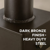 Dark bronze finish on a piece of heavy-duty steel with text overlay.