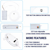 6-inch LED downlight features including 5CCT selectable, dimmable, and 90-minute emergency backup