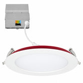 A recessed LED ceiling light fixture with a white circular face, a red inner rim, and silver mounting brackets, shown with a gray junction box and white connecting cord on a white background.