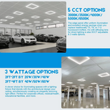 Car showroom with 2x2 FT Edge-Lit ceiling lights and text about CCT and wattage options.