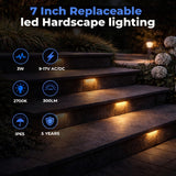 7 Inch Replaceable LED Hardscape lighting on outdoor steps with specifications displayed.