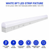 White 8ft LED strip fixture with specifications on a white background