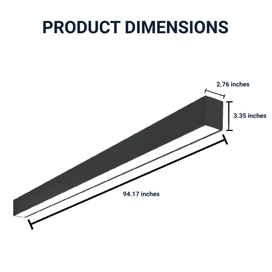switchtoled 8ft led light fixture legth 94.17 inches, width 2.76 inches and height 3.35 inches