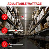 Warehouse with shelves and adjustable wattage lighting options displayed. 8ft led light strips