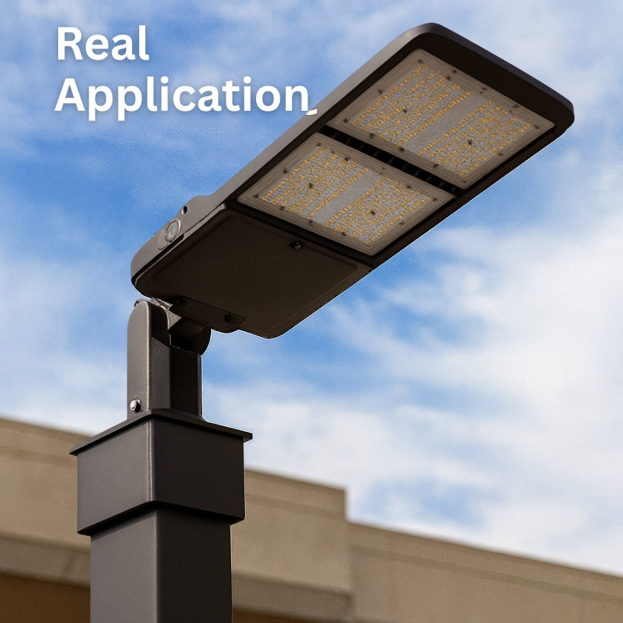 Street light pole with solar panel against a blue sky
