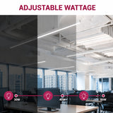 Commercial 4ft LED linear ceiling light showing adjustable wattage settings of 30W, 40W, and 50W.