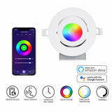4-inch smart LED gimbal recessed light with mobile app control, color changing, dimming, scheduling, and voice control features.