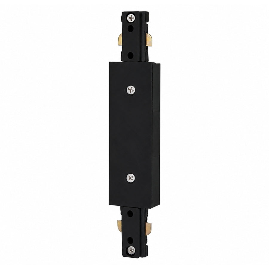 Front view of a black inline power feed connector for single circuit track lighting, designed to provide a secure center power connection for straight track installations with a clean, modern finish.