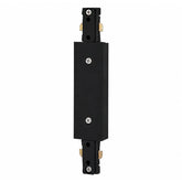 Front view of a black inline power feed connector for single circuit track lighting, designed to provide a secure center power connection for straight track installations with a clean, modern finish.