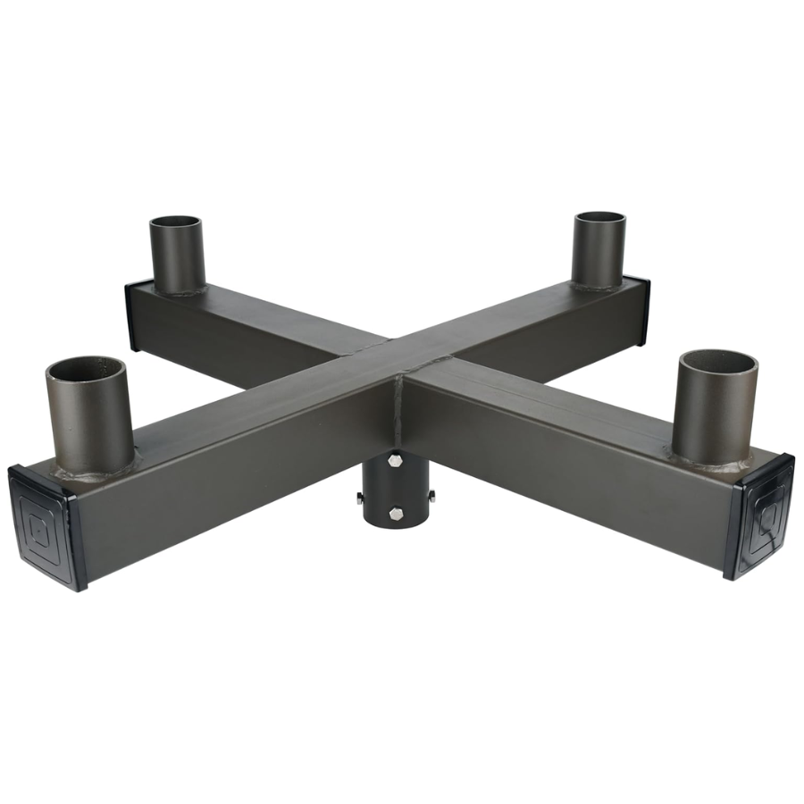 Black metal bracket with four cylindrical extensions on a white background
