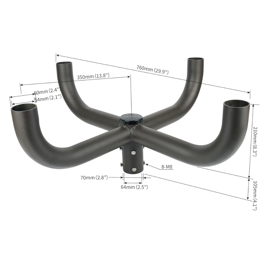 Black metal bracket with dimensions labeled on a white background