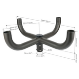 Black metal bracket with dimensions labeled on a white background