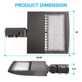Dimension diagram of bronze LED shoebox parking lot light with detailed measurements.