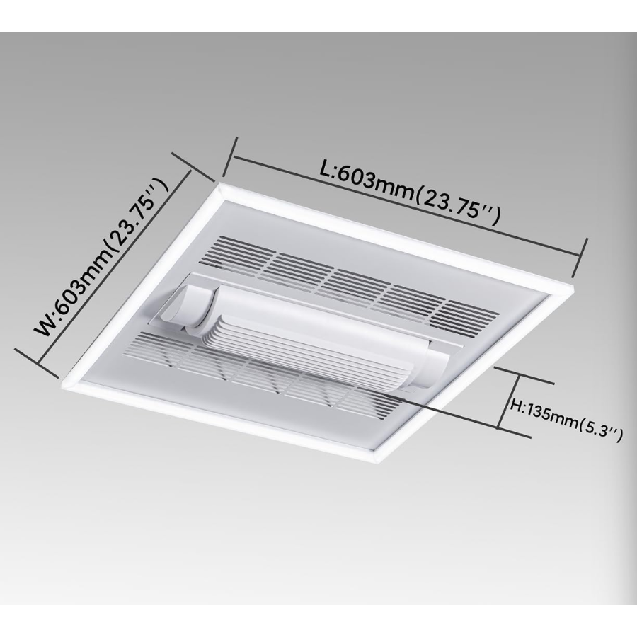 Ceiling-mounted air vent with dimensions labeled on a gray background