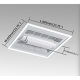 Ceiling-mounted air vent with dimensions labeled on a gray background