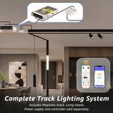 Smart 24V magnetic track lighting system diagram showing recessed magnetic track, LED driver, controller, and app with remote control for customizable lighting installation.