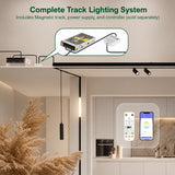 Complete magnetic track lighting system showing track rail, power supply, controller, smart remote, and mobile app integration for seamless dimmable lighting control.