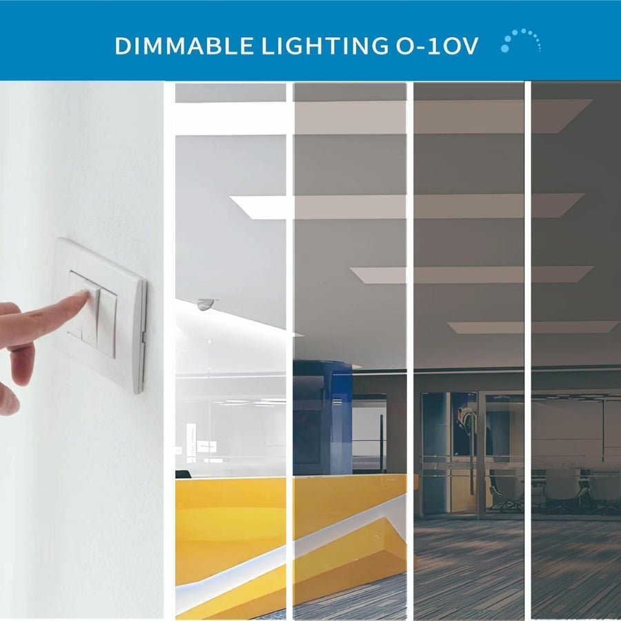 Dimmable lighting control switch with office interior showing different light levels.