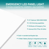Feature overview of 2x4 LED panel light including selectable CCT, 0-10V dimming, 90-minute emergency operation, and universal voltage compatibility.