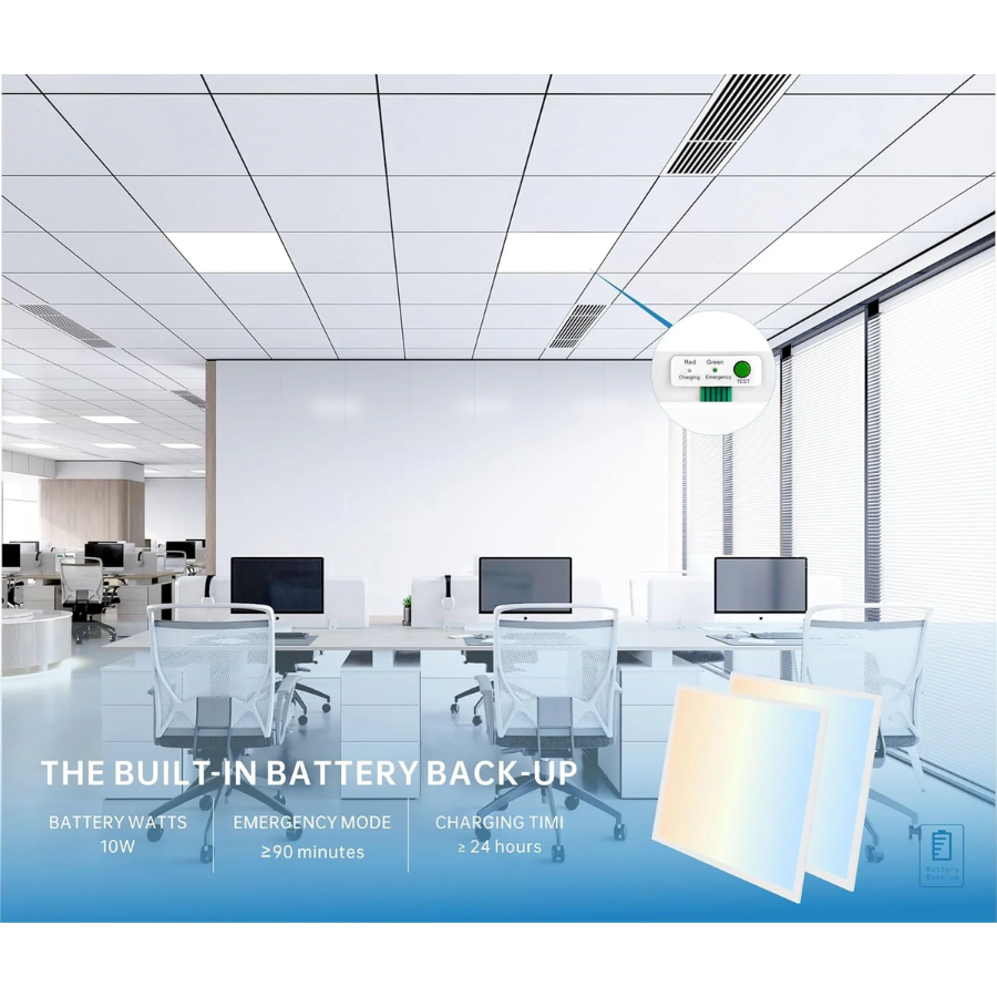 Modern office space with a device labeled 'The Built-In Battery Back-Up' displayed.