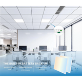 Modern office space with a device labeled 'The Built-In Battery Back-Up' displayed.