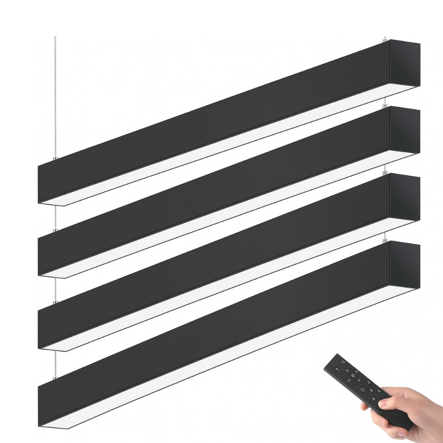 Modern black pendant light fixture with remote control on a white background