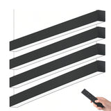 Modern black pendant light fixture with remote control on a white background