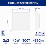 Technical diagram of a 2x2 LED panel light showing dimensions (23.7" x 23.7") and slim 1.37" profile, along with power, brightness, and installation compatibility details.