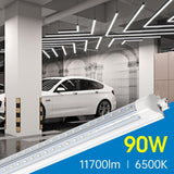 LED tube light with specifications in a parking garage setting