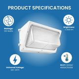 LED wall pack light fixture with specifications on a blue background