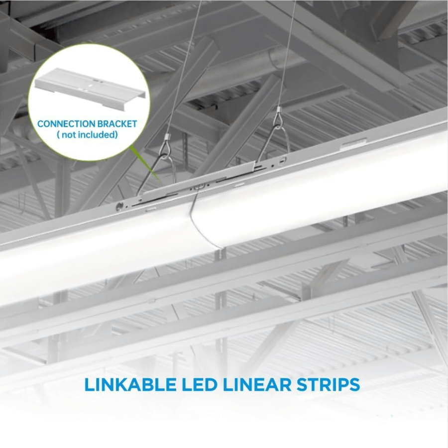 Linkable LED linear strips mounted on a ceiling with a connection bracket inset.