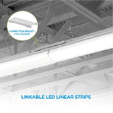 Linkable LED linear strips mounted on a ceiling with a connection bracket inset.