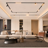 Contemporary living room illuminated with adjustable magnetic LED track spotlights, providing clean architectural lighting and customizable accent illumination for modern interiors.