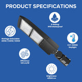 Product Specifications for 300W LED shoebox parking lot light fixture with adjustable slip fitter mount at switchtoled.com