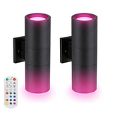 Two 72W RGBW up-down LED outdoor wall lights with remote, tunable 2700K–6500K, IP65 waterproof die-cast aluminum at switchtoled.com